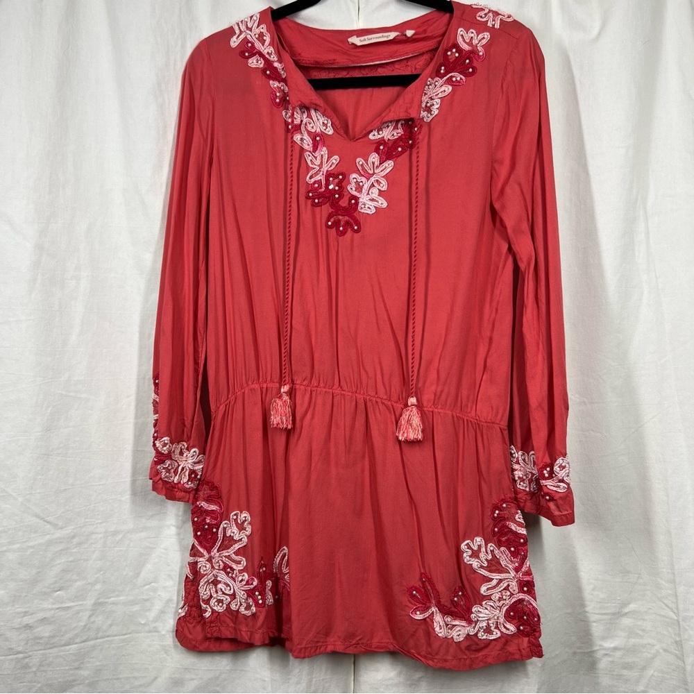Soft surroundings rust coral boho peasant beaded embroidered tunic blouse